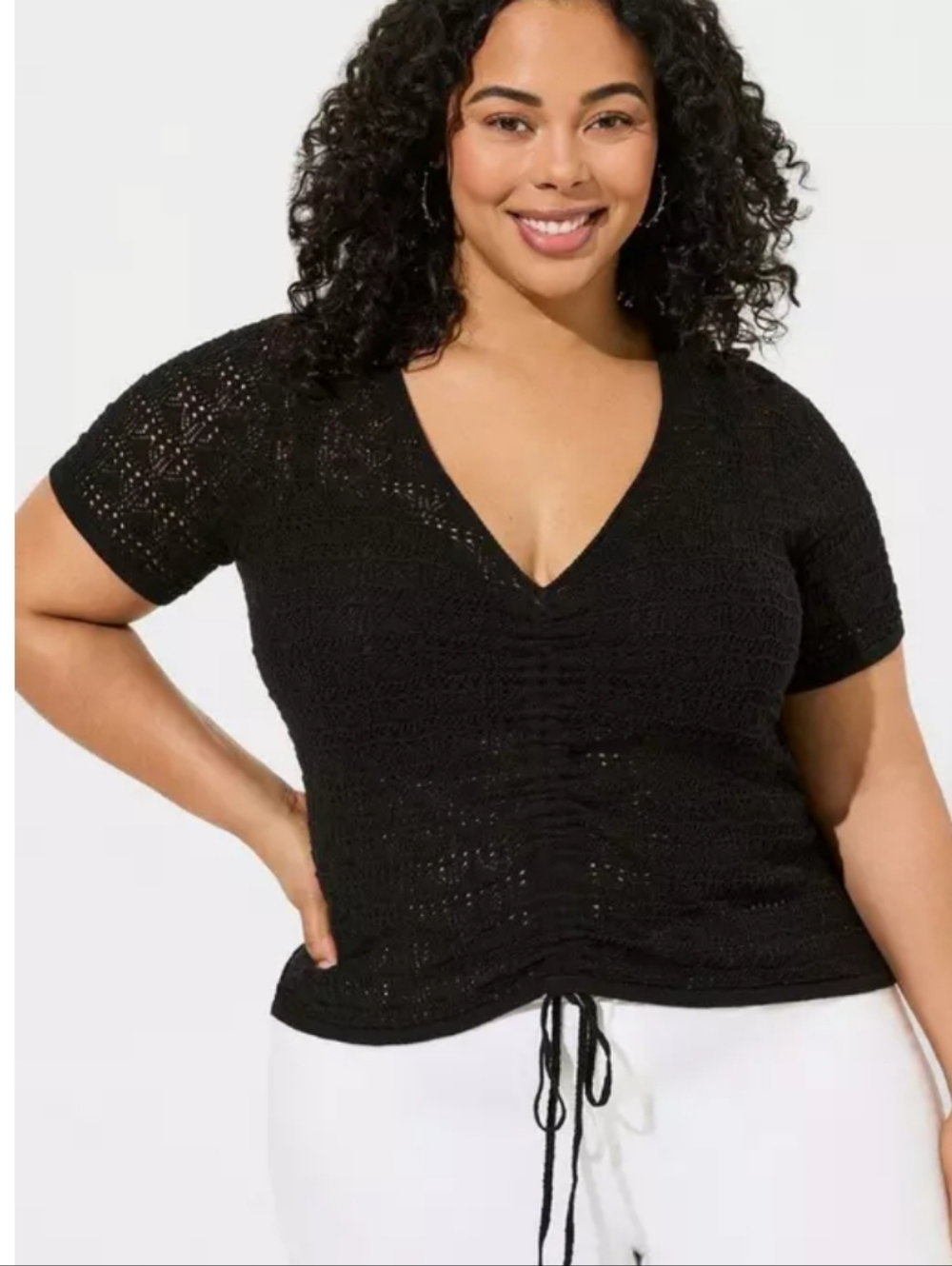 Torrid Pointelle Pullover Short Sleeve V-Neck Front Tie Sweater Plus Size 3X